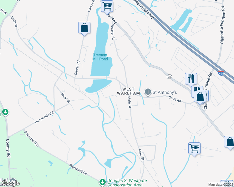 map of restaurants, bars, coffee shops, grocery stores, and more near 5 Mill Street in Wareham