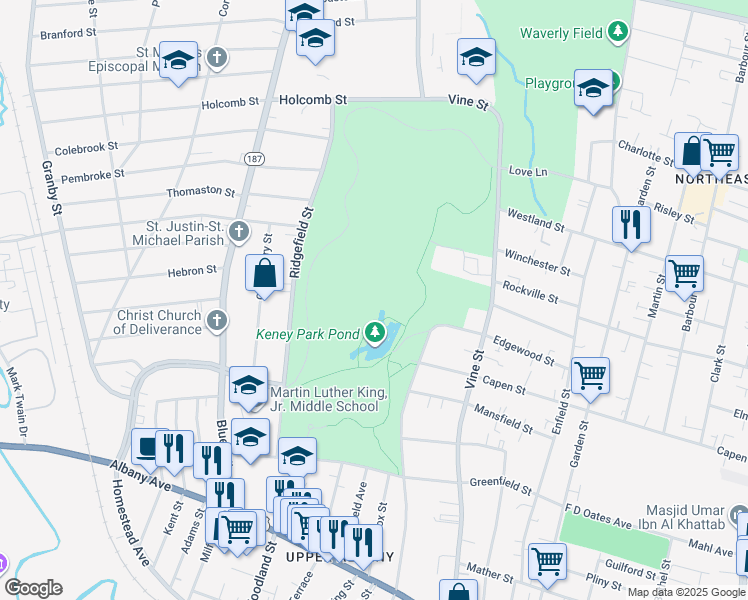map of restaurants, bars, coffee shops, grocery stores, and more near in Hartford