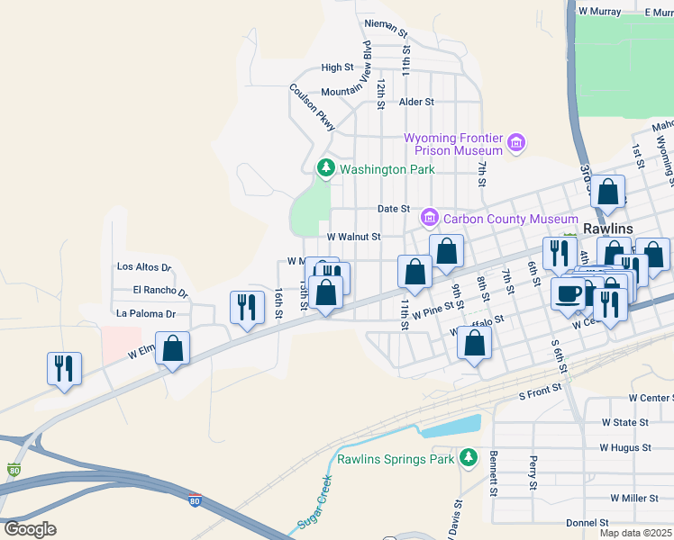 map of restaurants, bars, coffee shops, grocery stores, and more near 1301-1399 West Maple Street in Rawlins