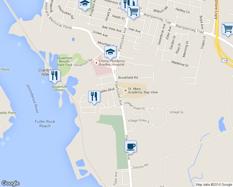 map of restaurants, bars, coffee shops, grocery stores, and more near 12 Boyden Boulevard in East Providence