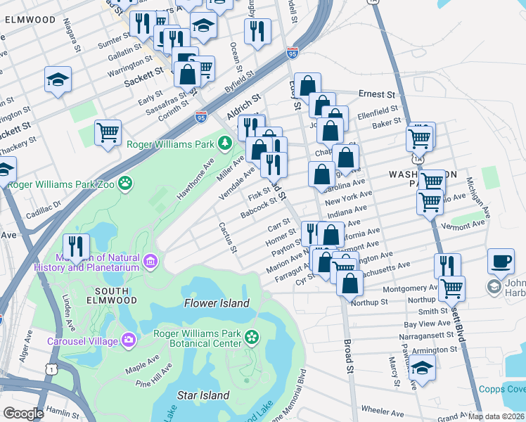map of restaurants, bars, coffee shops, grocery stores, and more near 17 Babcock Street in Providence