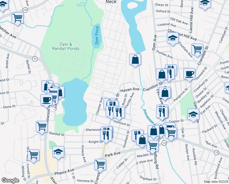 map of restaurants, bars, coffee shops, grocery stores, and more near 1525 Cranston Street in Cranston