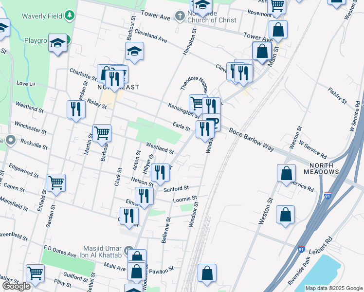 map of restaurants, bars, coffee shops, grocery stores, and more near in Hartford