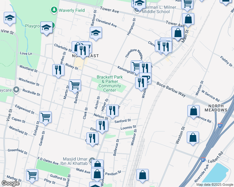 map of restaurants, bars, coffee shops, grocery stores, and more near 32 Westland Street in Hartford