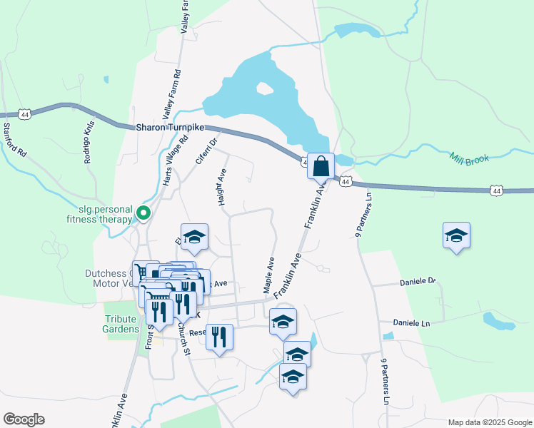 map of restaurants, bars, coffee shops, grocery stores, and more near 89 Maple Avenue in Millbrook