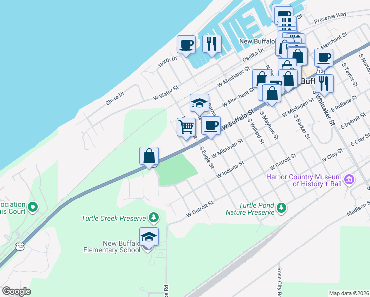 map of restaurants, bars, coffee shops, grocery stores, and more near 910 West Buffalo Street in New Buffalo