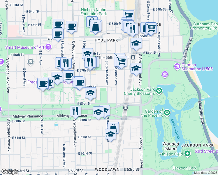 map of restaurants, bars, coffee shops, grocery stores, and more near 5751 South Dorchester Avenue in Chicago