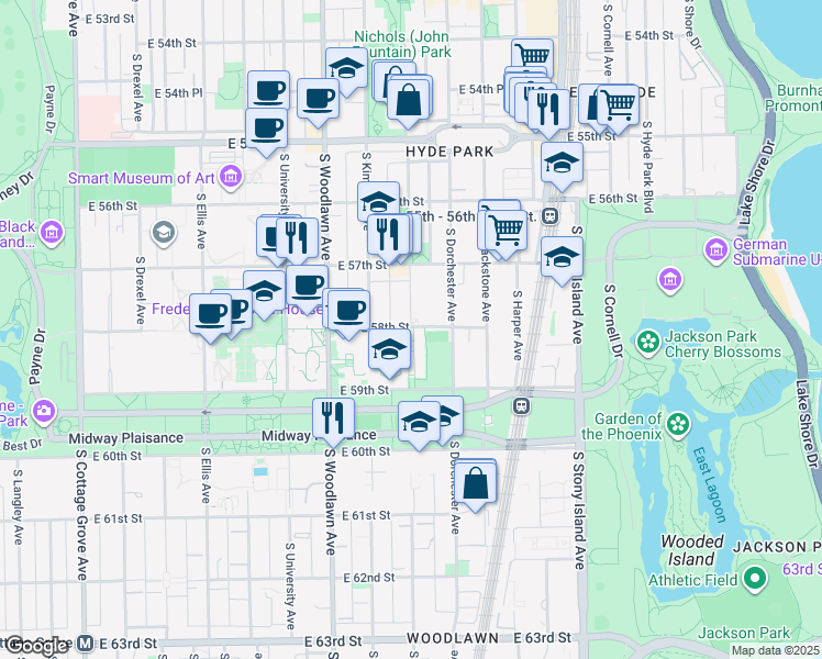 map of restaurants, bars, coffee shops, grocery stores, and more near 1358 East 58th Street in Chicago