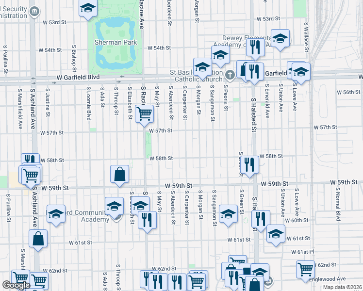 map of restaurants, bars, coffee shops, grocery stores, and more near 5719 South Carpenter Street in Chicago