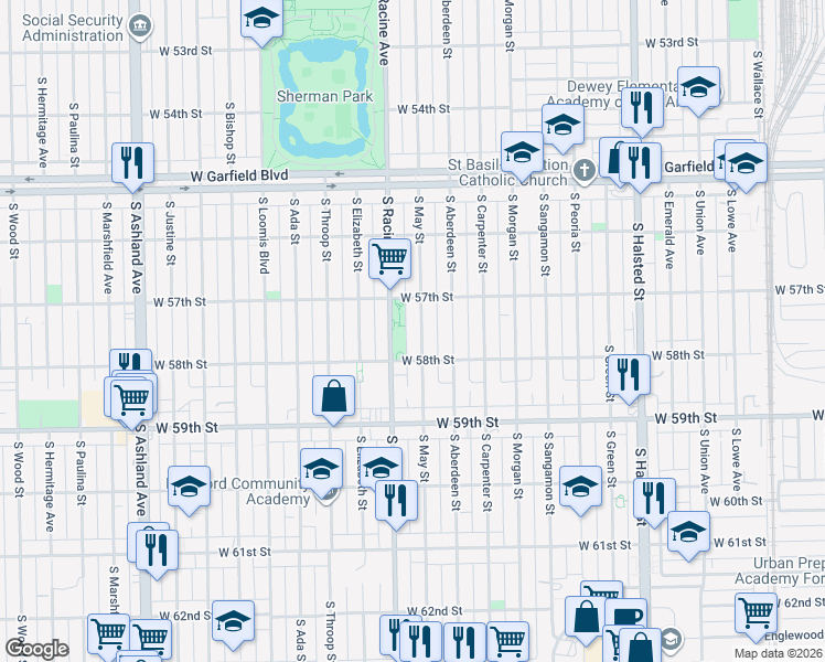 map of restaurants, bars, coffee shops, grocery stores, and more near 5716 South May Street in Chicago