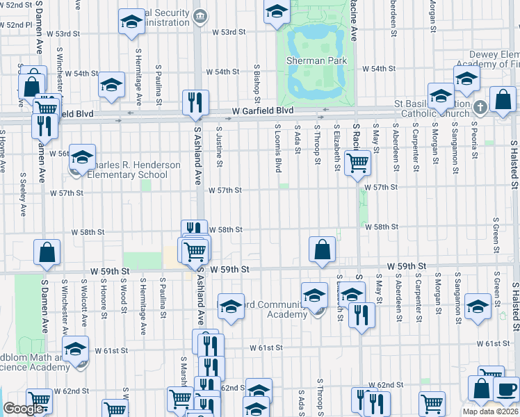 map of restaurants, bars, coffee shops, grocery stores, and more near 5715 South Laflin Street in Chicago