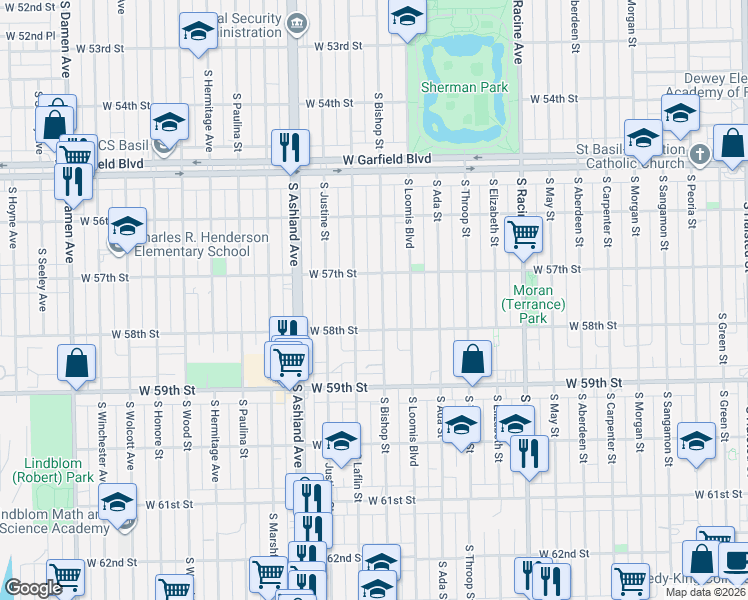 map of restaurants, bars, coffee shops, grocery stores, and more near 5715 South Laflin Street in Chicago