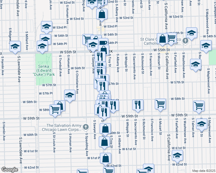 map of restaurants, bars, coffee shops, grocery stores, and more near 3120 West 57th Street in Chicago