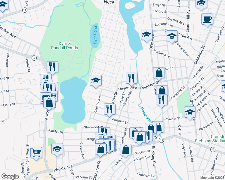 map of restaurants, bars, coffee shops, grocery stores, and more near 1525 Cranston Street in Cranston