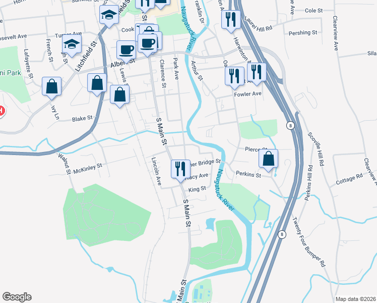 map of restaurants, bars, coffee shops, grocery stores, and more near 503 Park Avenue in Torrington