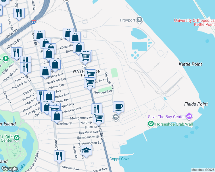 map of restaurants, bars, coffee shops, grocery stores, and more near 50 California Avenue in Providence