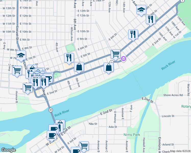map of restaurants, bars, coffee shops, grocery stores, and more near 708 E 2nd St in Sterling