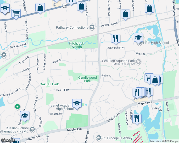 map of restaurants, bars, coffee shops, grocery stores, and more near 5111 Illinois Avenue in Lisle