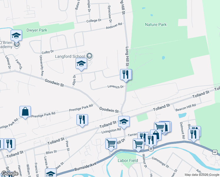 map of restaurants, bars, coffee shops, grocery stores, and more near 55 Leverich Drive in East Hartford