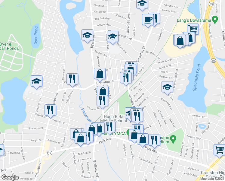 map of restaurants, bars, coffee shops, grocery stores, and more near 24 Princess Avenue in Cranston