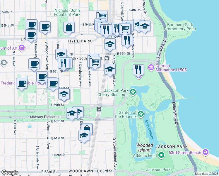 map of restaurants, bars, coffee shops, grocery stores, and more near 5800 South Stony Island Avenue in Chicago