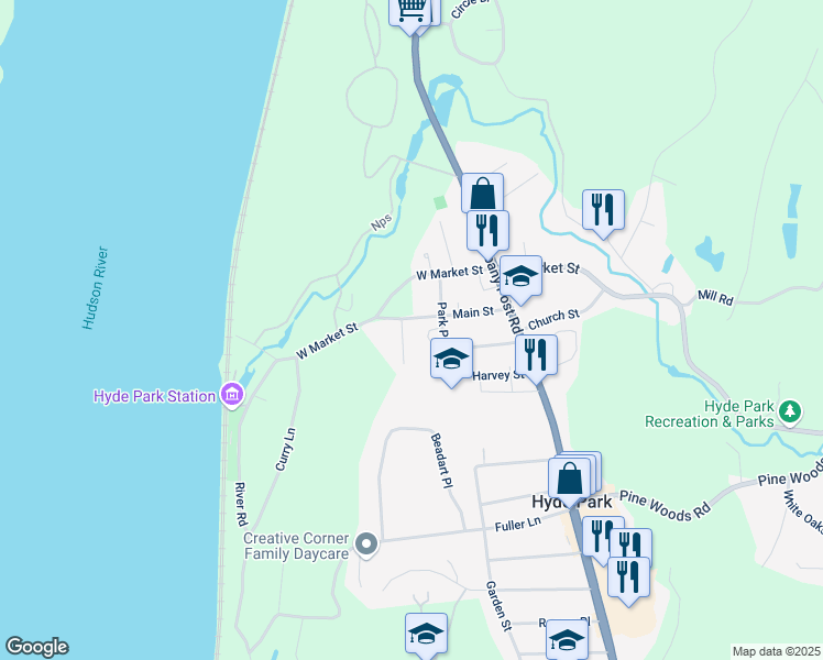 map of restaurants, bars, coffee shops, grocery stores, and more near 30 Main Street in Hyde Park