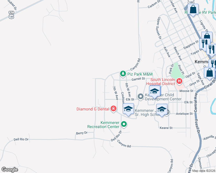 map of restaurants, bars, coffee shops, grocery stores, and more near 1131 7th West Avenue in Kemmerer