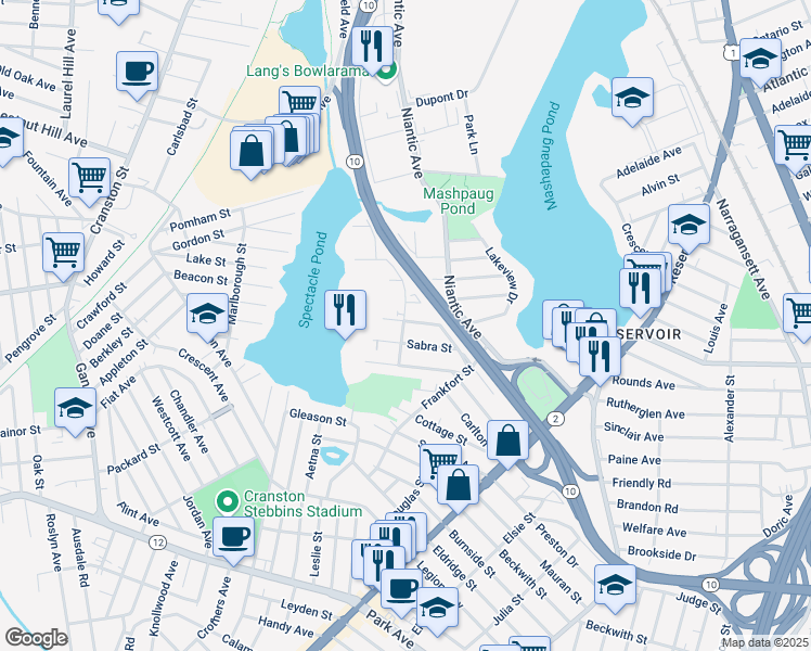 map of restaurants, bars, coffee shops, grocery stores, and more near 48 Molter Street in Cranston