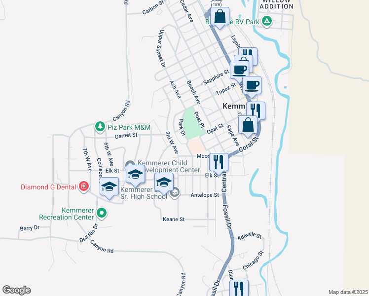 map of restaurants, bars, coffee shops, grocery stores, and more near 1001 Park Drive in Kemmerer
