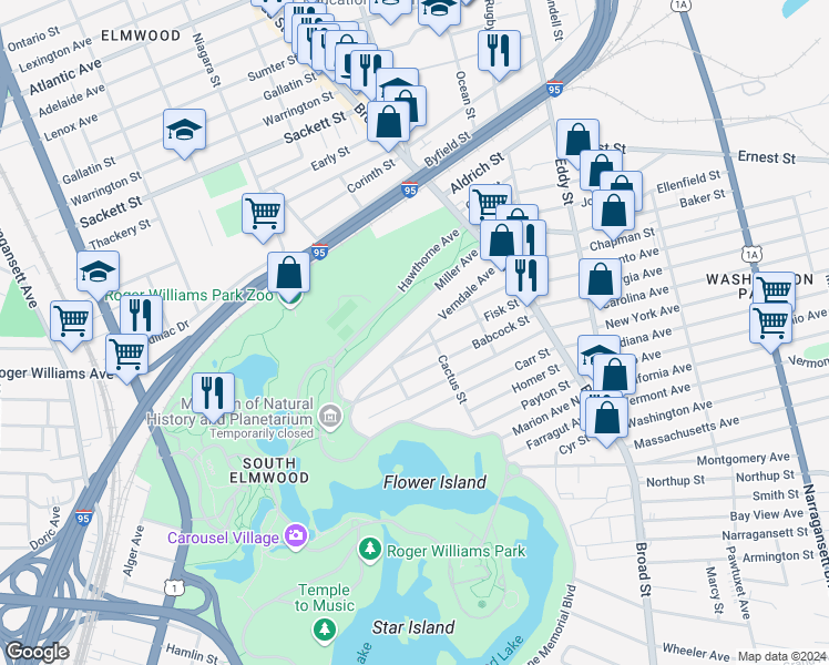 map of restaurants, bars, coffee shops, grocery stores, and more near 96 Miller Avenue in Providence