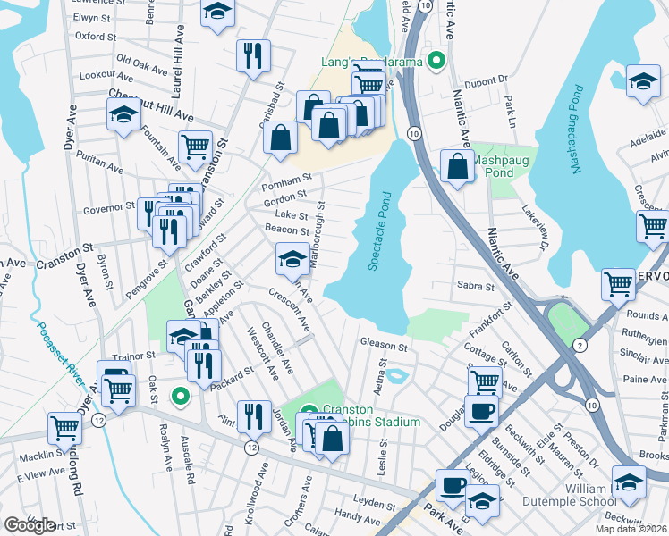 map of restaurants, bars, coffee shops, grocery stores, and more near 54 Lowell Street in Cranston
