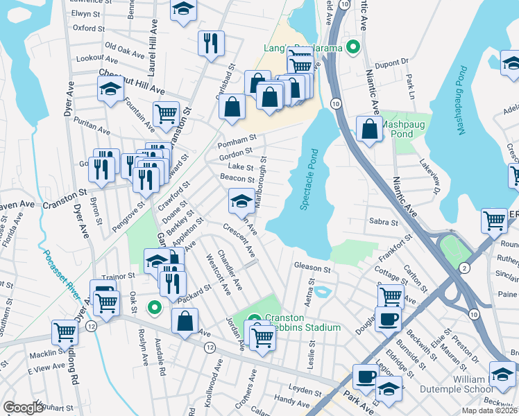 map of restaurants, bars, coffee shops, grocery stores, and more near 55 Lowell Street in Cranston