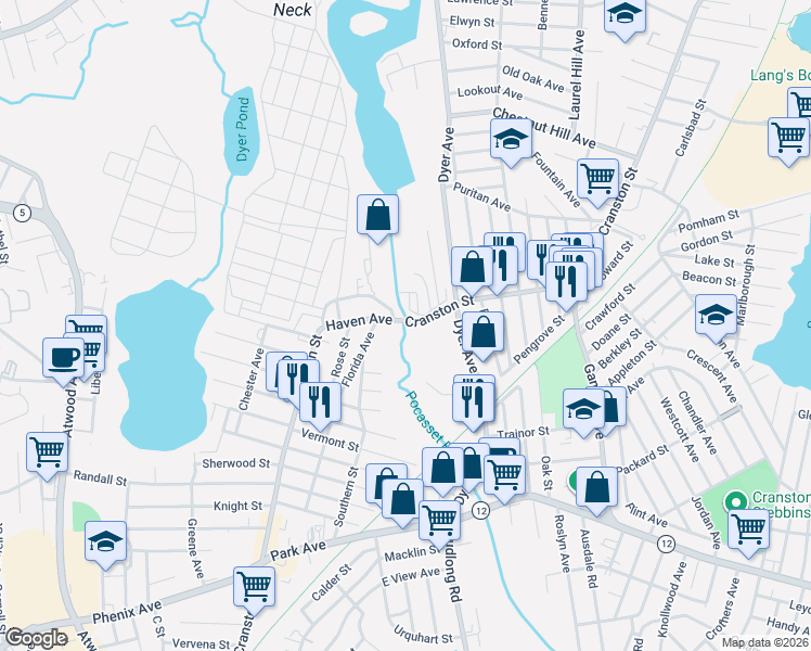 map of restaurants, bars, coffee shops, grocery stores, and more near 1390 Cranston Street in Cranston
