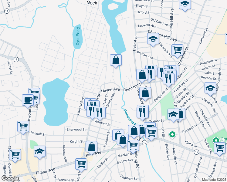 map of restaurants, bars, coffee shops, grocery stores, and more near 3 Haven Avenue in Cranston