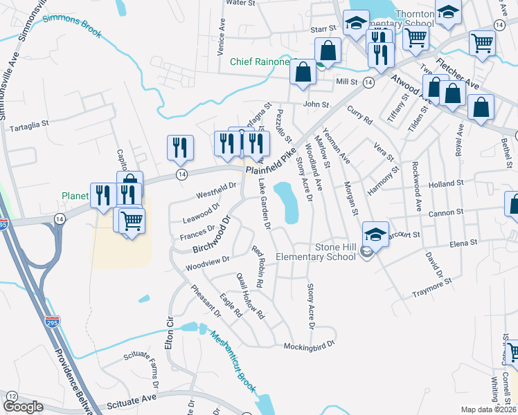map of restaurants, bars, coffee shops, grocery stores, and more near 40 Lake Garden Drive in Cranston