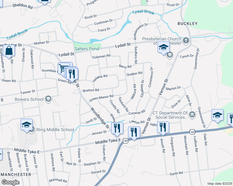 map of restaurants, bars, coffee shops, grocery stores, and more near 100 Bretton Road in Manchester