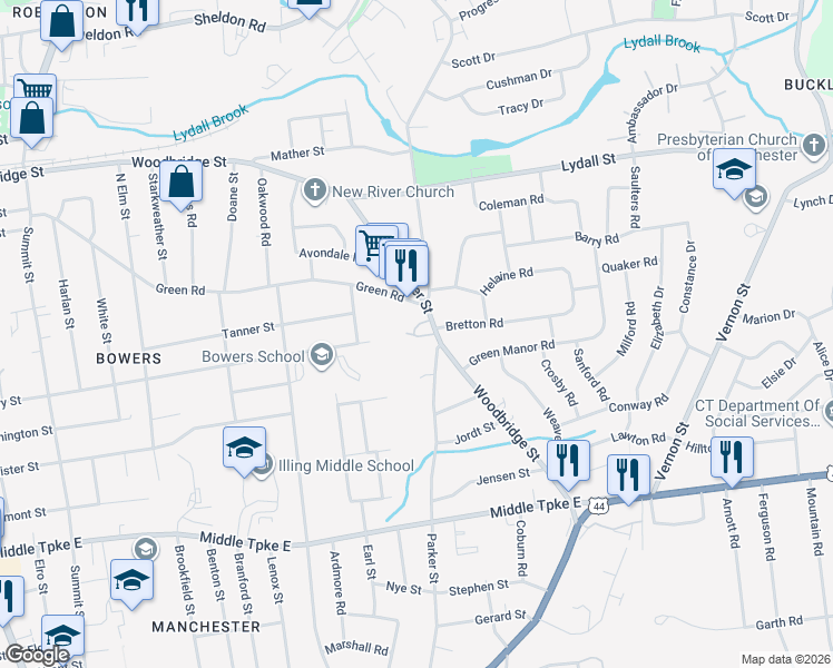 map of restaurants, bars, coffee shops, grocery stores, and more near 464 Woodbridge Street in Manchester