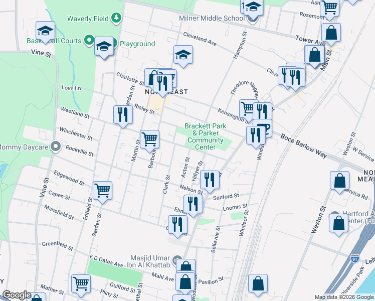 map of restaurants, bars, coffee shops, grocery stores, and more near 62 Westland Street in Hartford