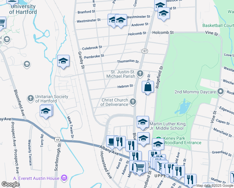 map of restaurants, bars, coffee shops, grocery stores, and more near 45 Hebron Street in Hartford