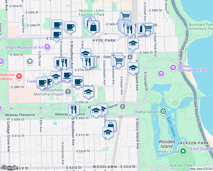 map of restaurants, bars, coffee shops, grocery stores, and more near 5751 South Dorchester Avenue in Chicago