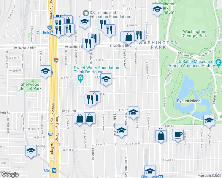 map of restaurants, bars, coffee shops, grocery stores, and more near 5726 South Michigan Avenue in Chicago
