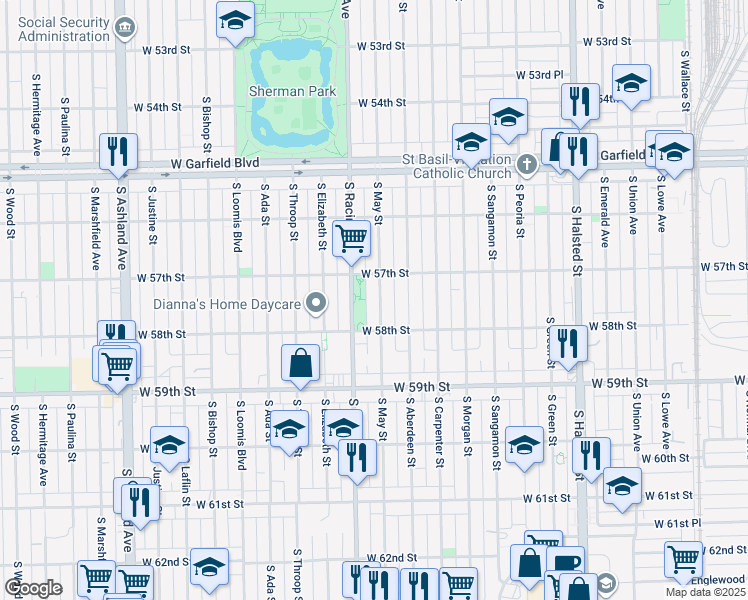 map of restaurants, bars, coffee shops, grocery stores, and more near 5716 South May Street in Chicago