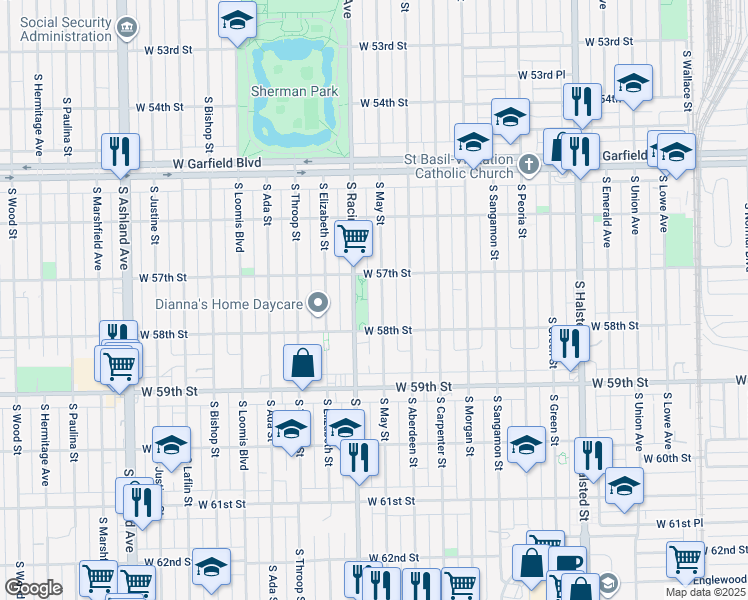 map of restaurants, bars, coffee shops, grocery stores, and more near 5716 South May Street in Chicago