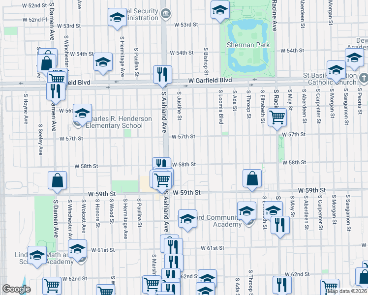 map of restaurants, bars, coffee shops, grocery stores, and more near 5713 South Justine Street in Chicago