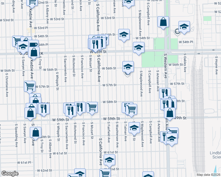 map of restaurants, bars, coffee shops, grocery stores, and more near 5700 South Washtenaw Avenue in Chicago