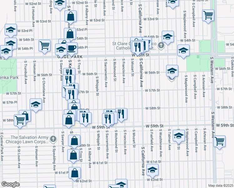 map of restaurants, bars, coffee shops, grocery stores, and more near 5658 South Richmond Street in Chicago