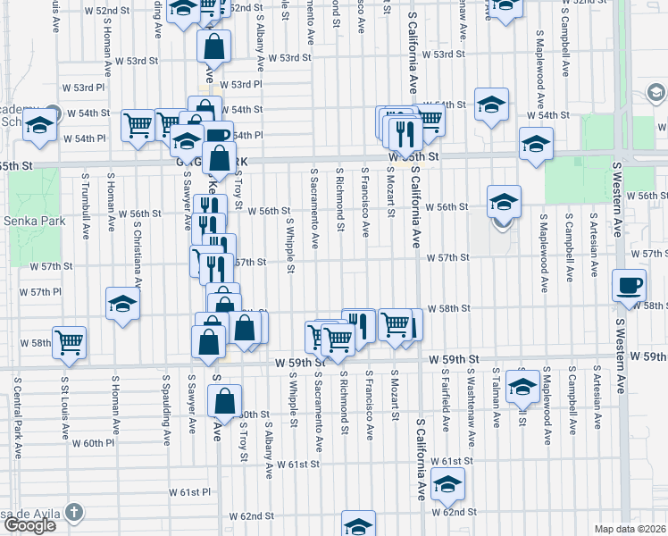 map of restaurants, bars, coffee shops, grocery stores, and more near 2930-2948 West 57th Street in Chicago