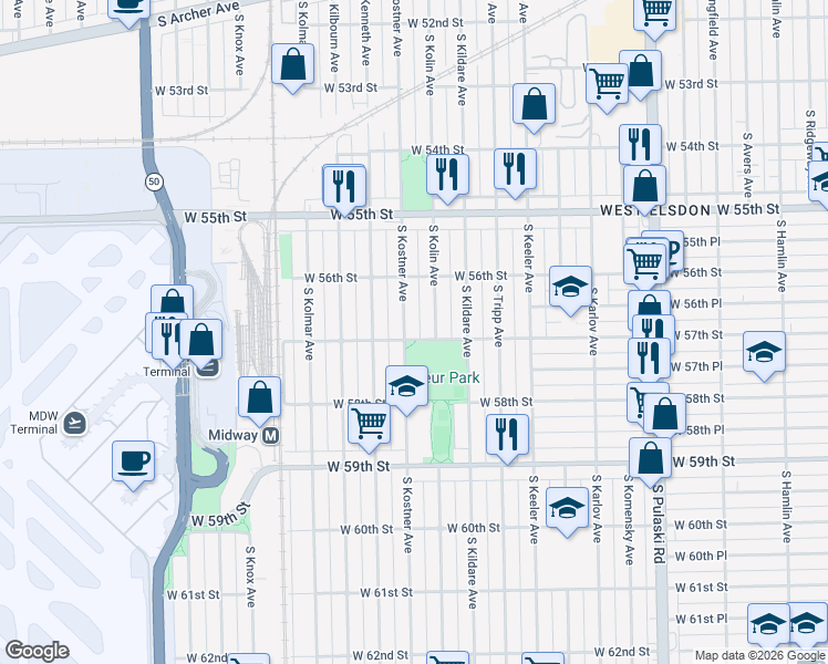 map of restaurants, bars, coffee shops, grocery stores, and more near 5642 South Kolin Avenue in Chicago