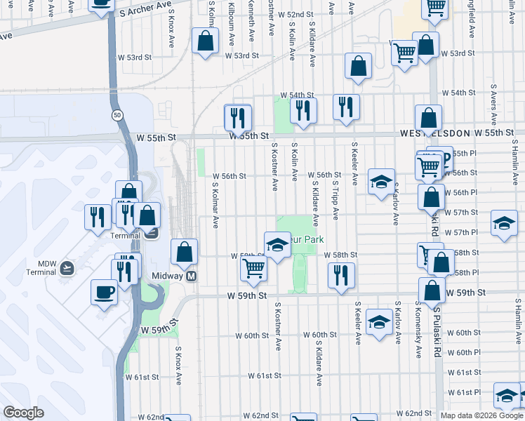 map of restaurants, bars, coffee shops, grocery stores, and more near 5640 South Kostner Avenue in Chicago