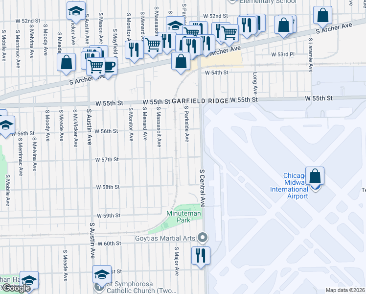 map of restaurants, bars, coffee shops, grocery stores, and more near 5624 South Parkside Avenue in Chicago